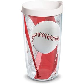 Tervis Baseballs Red & Mitt Background Tumbler with Wrap and White Lid 16oz, Clear