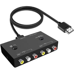 محول LVY 2AV إلى HDMI محول RCA مزدوج إلى HDMI، 2 مدخل RCA 1 دعم إخراج HDMI 16:9/4:3 متوافق مع مشغلات WII، N64، PS1، PS2، PS3، VHS، VCR DVD وغيرها (متعدد AV إلى HDMI)