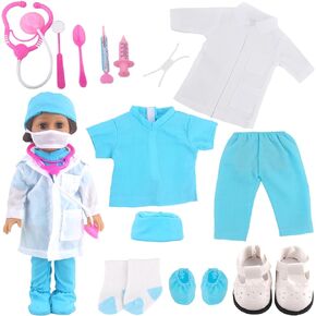 Doll Doctor Outfits and Medical Kit Accessories for 18 Inch Fashion Dolls, Includes White Coat, Green Scrubs, Doctor Surgical Gown and Tools Playset for 18 in Girl and Boy Dolls