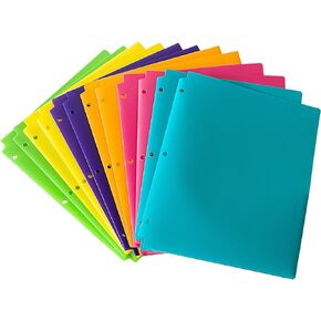 Seashell 12 Pack Plastic 3 Hole Punch Folders with Two Pockets, Heavy Duty 2 Pocket Folders with Business Card Slot for Letter Size Paper, Assorted Colors, for Office and School Use