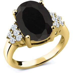 Gem Stone King 18K Yellow Gold Plated Silver Black Onyx and White Topaz Ring For Women (4.40 Cttw, Oval 12X10MM, Gemstone Birthstone, Available In Size 5, 6, 7, 8, 9)