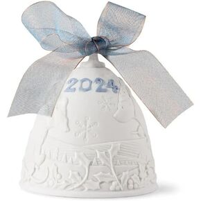 LLADRÓ Christmas Bell Year 2024 Blue. Decorative Ornament in Matte Porcelain with Blue Details. Porcelain Christmas Bell #18478