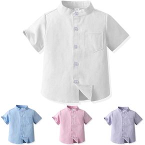 Yanmucy Toddler Little Boy Button Down Shirt Short Sleeve Solid Stand Collar Baby Summer Clothes for Kids 2-8 Years