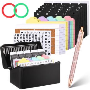 Index Card Holder 3x5 Set, Index Card Organizer Box with Dividers, Include 100 Ruled Index Cards, 125 Colored Index Cards, 35 Index Card Dividers, 6 Box Labels, 2 Stickers, 2 Rings, 1 Pen, Storage Box