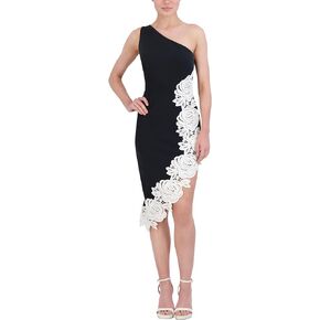 BCBGMAXAZRIA Women's One Shoulder Sleeveless Floral Applique Midi Cocktail Dress