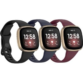 [3 PACK] Silicone Slim Band Compatible with Fitbit Versa 4 Bands Women Men, Soft Narrow Sport Strap Wristbands for Versa 4/Versa 3/Sense 2/Sense