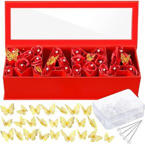Ireer Mother's Day Mama Empty Flower Gift Box Cardboard Letter Shaped Fillable Box with Plastic Liners 50 Crystal Bouquet Pins 24 Gold Butterfly Decorations for Valentine Mom Birthday DIY(Red)