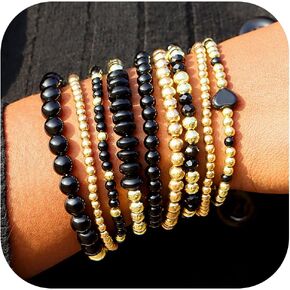 shopbyskyler 9PCS Gold Bracelets for Women Heart Stone Beaded Bracelets Gold Stretch Bracelets for Women 14K Real Gold Plated Stackable Bead Ball Bracelet Set