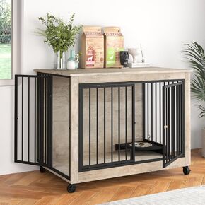 Dog Crates for Large/Medium Dogs, Dog Kennel Furniture with Bowl, High Anxiety Dog Kennel, 43.7", Large Dog Crate with 3 Doors, Flip-up Top Opening and Wheels, Dog Kennel Indoor, Grey in Kuwait