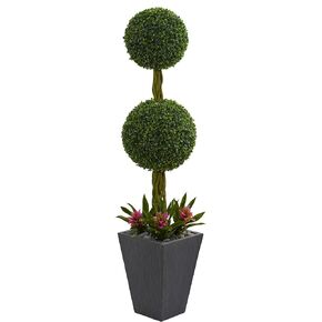 Nearly Natural 5ft. Double Boxwood Ball Topiary Artificial Tree in Slate Planter UV Resistant (Indoor/Outdoor)