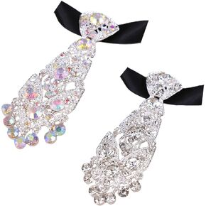 YIUWLMN 2Pcs Delicate Rhinestone Tie Clip On Tie Adjustable Length Elastic Band with Switch Buckle