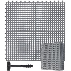 8 Pack Drainage Tiles Modular Interlocking Floor Tiles with 1 Pc Plastic Hammer 12" x 12" Cushion Mat Non Slip Rubber Floor Tiles with Holes for Pool Bathroom Deck Kitchen Patio (Black)