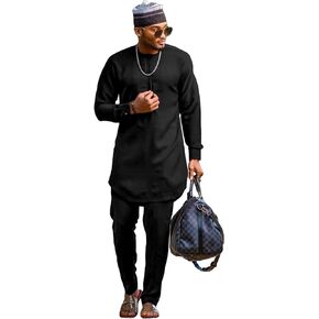 SEA&ALP Men’s 2 Piece Suit Set Casual Long Sleeve Dashiki Shirt and Pants Outfit Loose Simple African Tracksuit