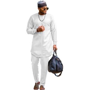 SEA&ALP Men’s 2 Piece Suit Set Casual Long Sleeve Dashiki Shirt and Pants Outfit Loose Simple African Tracksuit