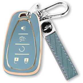 QBUC for Chevy Key Fob Cover with Keychain TPU Protector Suitable for Chevrolet Equinox Malibu Traverse Blazer Camaro Impala Cruze Volt Bolt Sonic Trax Tahoe Key Shell Remote Holder(Blue)