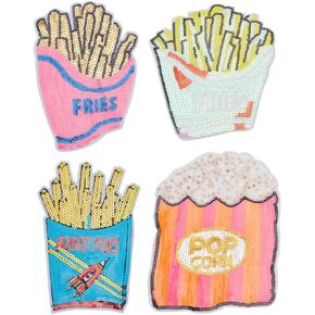 INFUNLY 4pcs Sequin Iron on French Fries Patches Applique Popcorn Embroidered Patch Applique DIY Sew on Fast Food Pattern Patches Badge for Clothes T-Shirt Jeans Jacket Sweatshirt Pillow Handbag