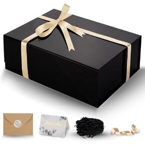 DUOTAN Large Mothers Day Gift Box with Lid, 13.5 x 10 x 3.5 Inch Black Magnetic Gift Box for Presents with Card, Ribbon, Shredded Paper Filler, Gift Box for Mother’s Day, Birthday, Wedding (Glossy)