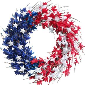 Bibelot 20 بوصة أحمر أبيض أزرق اصطناعي زهرة فورسيثيا إكليل العلم الأمريكي إكليل الزهور الزخارف الوطنية إكليل الرابع من يوليو يوم الاستقلال يوم الذكرى يوم العلم للتعليق in Kuwait