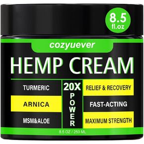 cozyuever 8.5 Oz Natural Hemp Cream Maximum Strength for Neck,Knees,Back,Elbows,Fingers - Hemp Cream with Arnica, Menthol, Aloe, Emu Oil, Turmeric