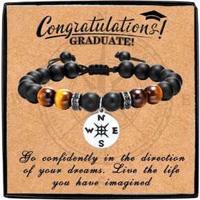 MEALGUET Graduation Bracelet for him,Tiger's Eye Stone and Agate Beaded Bracelet with Compass Charm, Graduation Gift for him