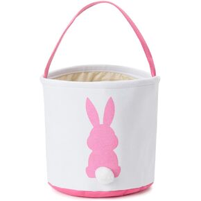 Easter Bunny Basket Easter Bucket Egg Hunt Basket for Kids, Canvas Rabbit Print Basket w. Fluffy Tail, Candy Egg Toy Easter Basket Tote w. Handle (Blue New)