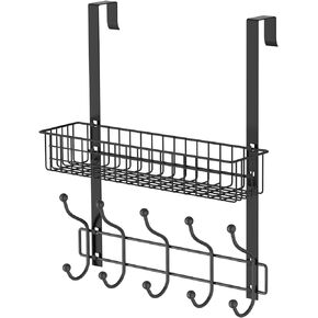 Over The Door Hooks with 5 Hooks & Mesh Baskets, Rustproof & Waterproof Coat Hanger, Detachable Storage Coat Rack for Towels, Hats, Handbags, Coats, Closet (Black)