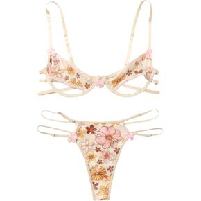 SHENHE Women's Cute Floral Print Cut Out Bow Decor Strappy Underwire 2 Piece Lingerie Set