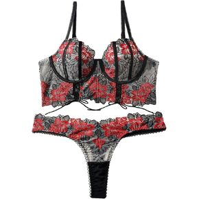 SHENHE Women's 2 Piece Mesh Scalloped Lace Up Underwire Longline Bra and Thong Lingerie Set