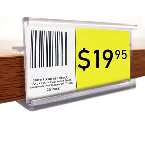 2.5" L x 1.25" H Clear Wood Shelf Label Holder, Clips & Grips On to Shelves 3/4" Thick - 100 Pack
