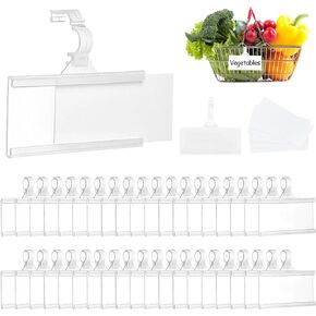 Framendino, 35 Pack Wire Shelf Label Holder Plastic Basket Label Holders with Tight Snap Lock Reusable Basket Labels Clip with Paper Label Inserts for Home Market Office