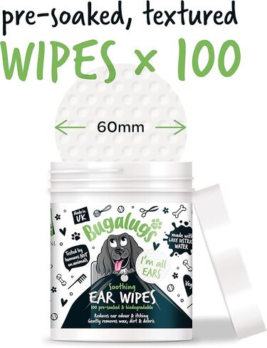 BUGALUGS مناديل مبللة لتنظيف أذن الكلاب، 100 منديل مبللة قابلة للتحلل بيولوجيًا ومبللة مسبقًا. محلول منظف لأذن الكلاب مناديل للحيوانات الأليفة يوقف اهتزاز الرأس والحكة والأذن الشمعية in Kuwait