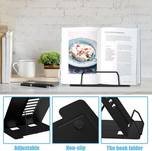 Metal Book Stand for Reading, Adjustable Cookbook Documents Stand and Textbook Holder for Desk, Perfect for School Kitchen Counter Office（Black） in Saudi Arabia