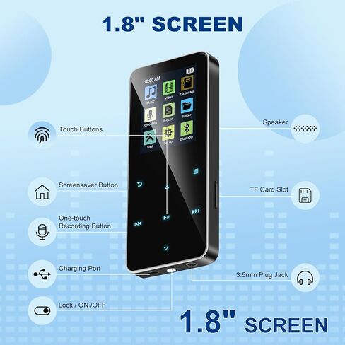 128GB MP3 Player，Daakro Music Player with Bluetooth 5.0 Shuffle, Single Loop, FM Radio, Built-in HD Speaker, Voice Recorder, HiFi Sound,Portable MP3 Player Ideal for Sport, Earphones Included in Kuwait