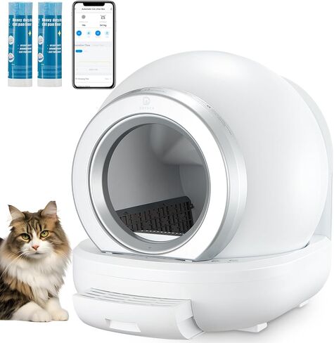 صندوق فضلات القطط للتنظيف الذاتي، صندوق فضلات القطط الأوتوماتيكي ذو سعة كبيرة للقطط المتعددة، التحكم في التطبيق/ضوضاء منخفضة/أمان/تصميم إزالة الرائحة مع صندوق سلم و2 أكياس قمامة in Kuwait