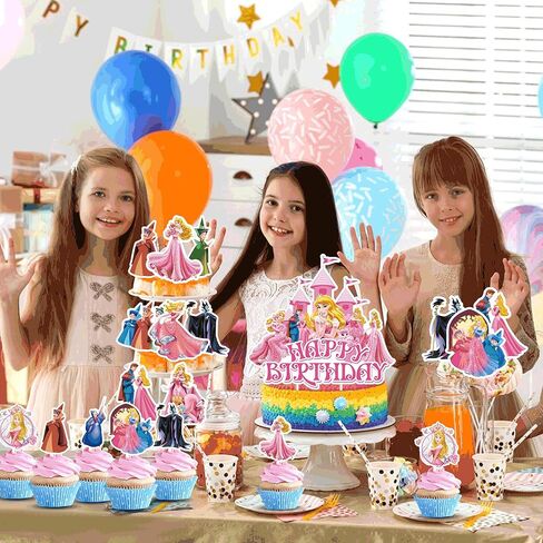 لوازم حفلات الأميرة أورورا، 25 قطعة من ديكورات حفلات الأميرة أورورا، موضوع الجمال النائم، حفلة عيد ميلاد سعيد، تزيين الكيك للأطفال in Kuwait