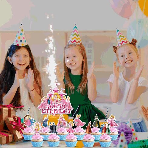 لوازم حفلات الأميرة أورورا، 25 قطعة من ديكورات حفلات الأميرة أورورا، موضوع الجمال النائم، حفلة عيد ميلاد سعيد، تزيين الكيك للأطفال in Kuwait