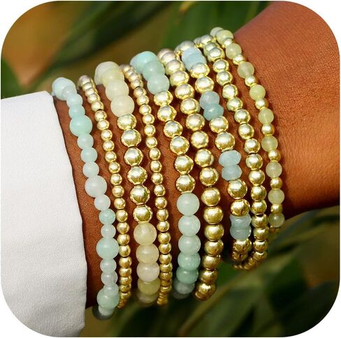 shopbyskyler 9PCS Gold Bracelets for Women Heart Stone Beaded Bracelets Gold Stretch Bracelets for Women 14K Real Gold Plated Stackable Bead Ball Bracelet Set in Kuwait