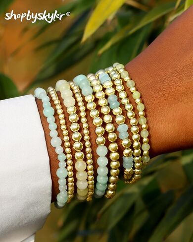 shopbyskyler 9PCS Gold Bracelets for Women Heart Stone Beaded Bracelets Gold Stretch Bracelets for Women 14K Real Gold Plated Stackable Bead Ball Bracelet Set in Kuwait