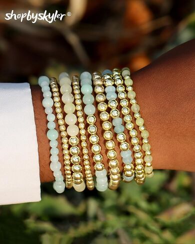 shopbyskyler 9PCS Gold Bracelets for Women Heart Stone Beaded Bracelets Gold Stretch Bracelets for Women 14K Real Gold Plated Stackable Bead Ball Bracelet Set in Kuwait