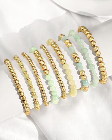 shopbyskyler 9PCS Gold Bracelets for Women Heart Stone Beaded Bracelets Gold Stretch Bracelets for Women 14K Real Gold Plated Stackable Bead Ball Bracelet Set in Kuwait