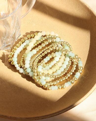 shopbyskyler 9PCS Gold Bracelets for Women Heart Stone Beaded Bracelets Gold Stretch Bracelets for Women 14K Real Gold Plated Stackable Bead Ball Bracelet Set in Kuwait