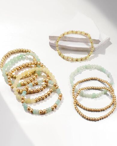 shopbyskyler 9PCS Gold Bracelets for Women Heart Stone Beaded Bracelets Gold Stretch Bracelets for Women 14K Real Gold Plated Stackable Bead Ball Bracelet Set in Kuwait