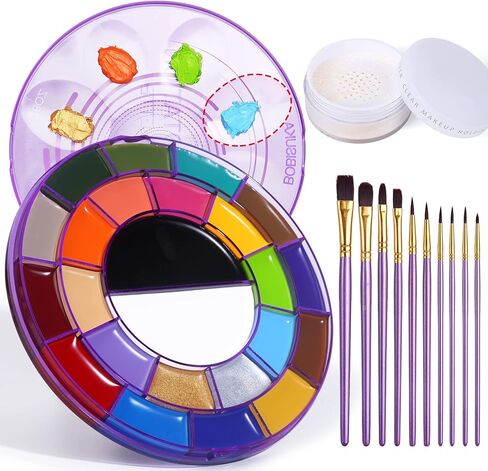 مجموعة طلاء الوجه من BOBISUKA - لوحة ألوان كبيرة مكونة من 24 لونًا أبيض وأسود نيون للوجه والجسم تعتمد على الزيت + مسحوق إعداد + 10 قطع مجموعة فرش أرجوانية للفنانين لحفلات الهالوين التنكرية ومكياج SFX in Kuwait