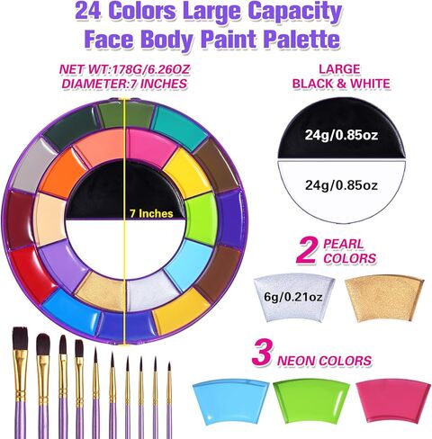 مجموعة طلاء الوجه من BOBISUKA - لوحة ألوان كبيرة مكونة من 24 لونًا أبيض وأسود نيون للوجه والجسم تعتمد على الزيت + مسحوق إعداد + 10 قطع مجموعة فرش أرجوانية للفنانين لحفلات الهالوين التنكرية ومكياج SFX in Kuwait