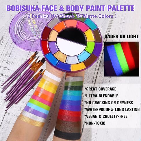 مجموعة طلاء الوجه من BOBISUKA - لوحة ألوان كبيرة مكونة من 24 لونًا أبيض وأسود نيون للوجه والجسم تعتمد على الزيت + مسحوق إعداد + 10 قطع مجموعة فرش أرجوانية للفنانين لحفلات الهالوين التنكرية ومكياج SFX in Kuwait