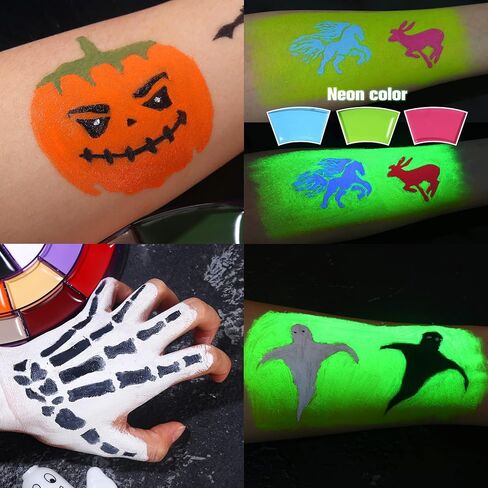 مجموعة طلاء الوجه من BOBISUKA - لوحة ألوان كبيرة مكونة من 24 لونًا أبيض وأسود نيون للوجه والجسم تعتمد على الزيت + مسحوق إعداد + 10 قطع مجموعة فرش أرجوانية للفنانين لحفلات الهالوين التنكرية ومكياج SFX in Kuwait