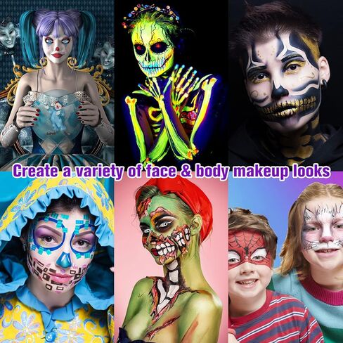 مجموعة طلاء الوجه من BOBISUKA - لوحة ألوان كبيرة مكونة من 24 لونًا أبيض وأسود نيون للوجه والجسم تعتمد على الزيت + مسحوق إعداد + 10 قطع مجموعة فرش أرجوانية للفنانين لحفلات الهالوين التنكرية ومكياج SFX in Kuwait