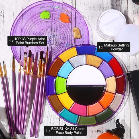 مجموعة طلاء الوجه من BOBISUKA - لوحة ألوان كبيرة مكونة من 24 لونًا أبيض وأسود نيون للوجه والجسم تعتمد على الزيت + مسحوق إعداد + 10 قطع مجموعة فرش أرجوانية للفنانين لحفلات الهالوين التنكرية ومكياج SFX in Kuwait