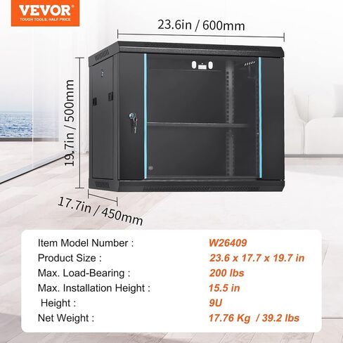 VEVOR 6U Wall Mount Network Server Cabinet, 15.5'' Deep, Server Rack Cabinet Enclosure, 200 lbs Max. Ground-Mounted Load Capacity, with Locking Glass Door Side Panels, for IT Equipment, A/V Devices in Saudi Arabia