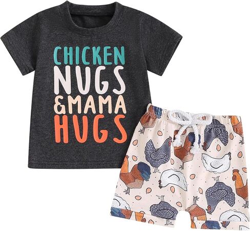 ZJLJAYCHOU Toddler Baby Boy Farm Clothes Short Sleeve Chicken Nugs&Mama Hugs Tshirt Chick Print Shorts Set 2pc Summer Clothes in Saudi Arabia